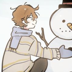 a boy sitting next to a snowman with his hand on the nose and one eye open