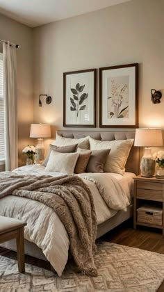 a large bed sitting in a bedroom next to two lamps