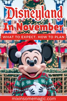 mickey mouse in front of a christmas tree with text overlay that reads disneyland in november what to expect how to plan