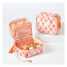 Featuring bold and playful vacation-ready prints, this zip-top jewelry case safely holds rings, bracelets, necklaces and more. Made from coated fabric that's easy to wipe clean, it's a travel-ready companion for weekend adventures or international jaunts. Add an embroidered monogram for a personal touch.  3" w x 4" d x 2" h  Two interior zip pockets: 4" w x 2.5" h  Polyester twill, PVC coating.  Clean with a damp cloth.  Imported.  Monogramming is embroidered. Compact Multicolor Travel Bags, Rectangular Portable Travel Accessories Gift, Rectangular Portable Travel Accessories As Gift, Preppy Bags, Weekend Adventures, Kids Pottery, Event Logo, Mark And Graham, Embroidered Monogram