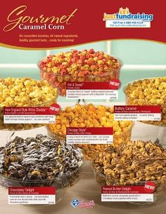 the gourmet caramel corn recipe is shown in four different flavors and sizes