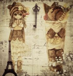 an altered photograph of two teddy bears in paris with the eiffel tower in the background