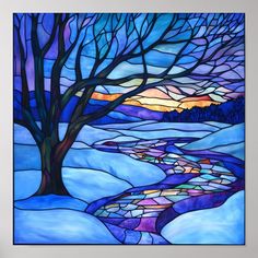 a painting of a snowy landscape with a tree in the foreground and a river running through it