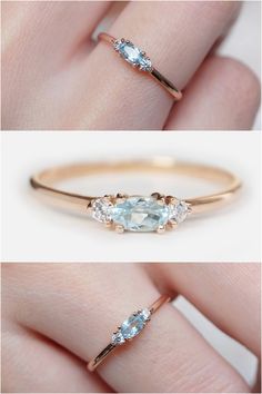 three different views of an engagement ring with blue topazte and white diamond accents