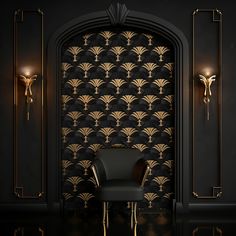 a chair sitting in front of a black wall with gold art deco designs on it