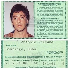 the identification card for antonio montana is shown in this undrecognized image