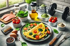 an omelet with tomatoes, spinach and other ingredients on a counter top