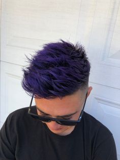 Purple Hair Color Ideas Men, Purple Highlights Black Hair Men, Men’s Purple Hair, Short Purple Hair Men, Dark Blue Mens Hair, Men’s Blue Hair, Purple And Black Hair Men, Purple Hair For Men, Purple Hair Color Men