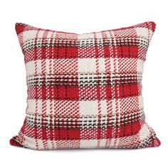 a red and white plaid pillow on a white background