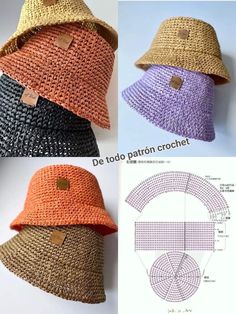 crocheted hats are shown in three different colors and sizes, including one with a button on the top