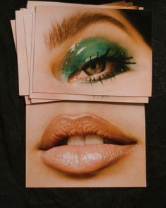 two pictures of the same woman's eyes with green and orange makeup on them