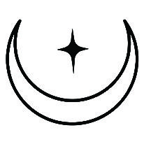 a black and white drawing of a crescent with a star on it's side