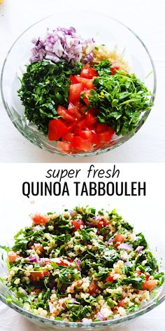 two bowls filled with different types of vegetables and the words super fresh quinoa tabbouleh