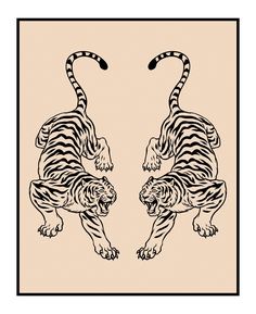 two tigers facing each other with their tails stretched out in the shape of an x