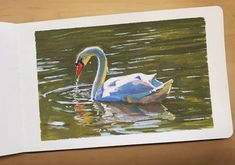 a painting of a swan swimming in the water