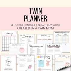 the printable twin planner is shown in pink and white