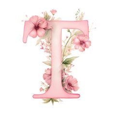 the letter t is made up of pink flowers and leaves on a light pink background