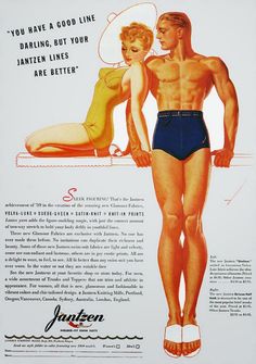 an old advertisement from the 1950's shows a man and woman in swimsuits