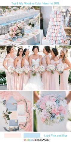 a collage of photos with pink and blue wedding colors