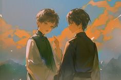 two young men standing next to each other in front of an orange and blue sky