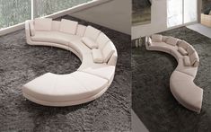 two pictures of a curved couch in a living room