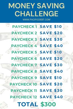 an image of money saving challenge with the words, paycheck save $ 10