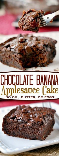 chocolate banana appetizer cake on a white plate with a fork in the foreground