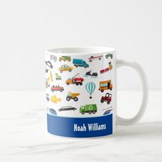 a personalized coffee mug with cars and trucks on the front, in blue trim