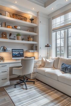 a living room filled with furniture next to a window covered in lots of bookshelves