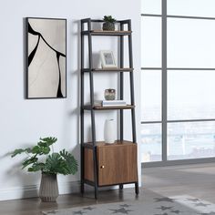 a room with a book shelf and potted plant