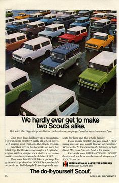 an advertisement for the international harvest scout car company, featuring several trucks in a parking lot