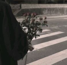 a person walking down the street with flowers in their hand and a crosswalk behind them