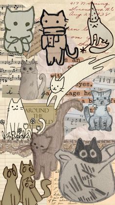 a collage with cats and music notes on it's paper wallpapers