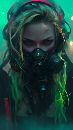 a woman wearing a gas mask and green hair with neon lights in the back ground