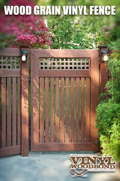 the front page of wood grain vinyl fence, with an image of a wooden gate and flowers