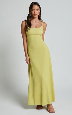 Brie Midi Dress - Scoop Neck Knit Slip Dress in Chartreuse | Showpo USA Green Summer Dress With Straight Neckline, Green Slip Dress With Straight Neckline For Summer, Solid Maxi Length Slip Dress For Spring, Solid Color Maxi Length Slip Dress For Spring, Chic Green Slip Dress For Summer, Chic Green Summer Slip Dress, Yellow Dress With Straight Neckline For Summer, Green Maxi Length Slip Dress For Summer, Spring Party Sundress With Straight Neckline