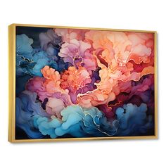 an abstract painting with blue, pink and orange colors on the bottom half of it