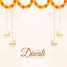 happy diwali festival of lights with hanging lamps and flowers on white background illustration