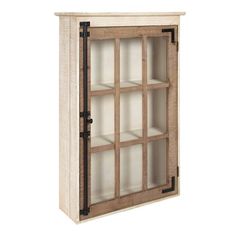 an old wooden bookcase with glass doors on the front and bottom, against a white background