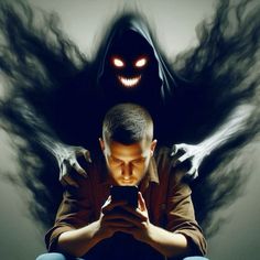 a man looking at his cell phone with an evil face on the wall behind him