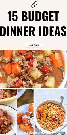 a collage of pictures with the words 15 budget - free dinner ideas