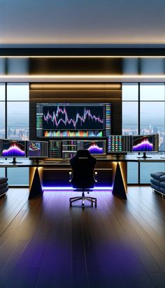 a room with two monitors and a chair in front of the desk is lit up by purple lighting