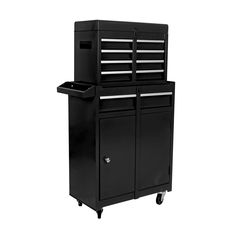 a black tool cabinet with drawers on wheels