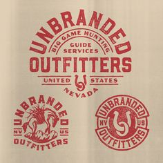 three different type of t - shirts with the words unbranderd, game hunting, and outfitters printed on them