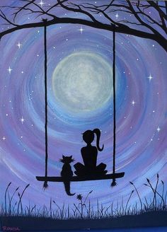 a painting of a girl and her cat on a swing in front of the moon