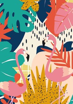 flamingos and tropical leaves are featured in this colorful wallpaper