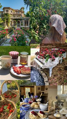 a collage of photos with strawberries and flowers