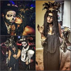 three pictures of people dressed up in costumes and makeup, one with dreadlocks