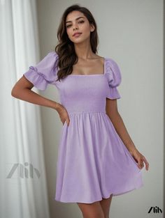 Zlily - Stylish and Sweet Square Neck Dress - Elegant and Trendy One-Piece Dress Cute Dresses Casual Classy, Lavender Sundress, Cruise Dresses, Square Neckline Dress, Sweetheart Neckline Dress, Balloon Sleeve Dress, Square Neck Dress, Aqua Dress, Solid Color Dress