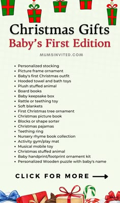 a baby's first christmas gift list with presents on the bottom and an arrow pointing up